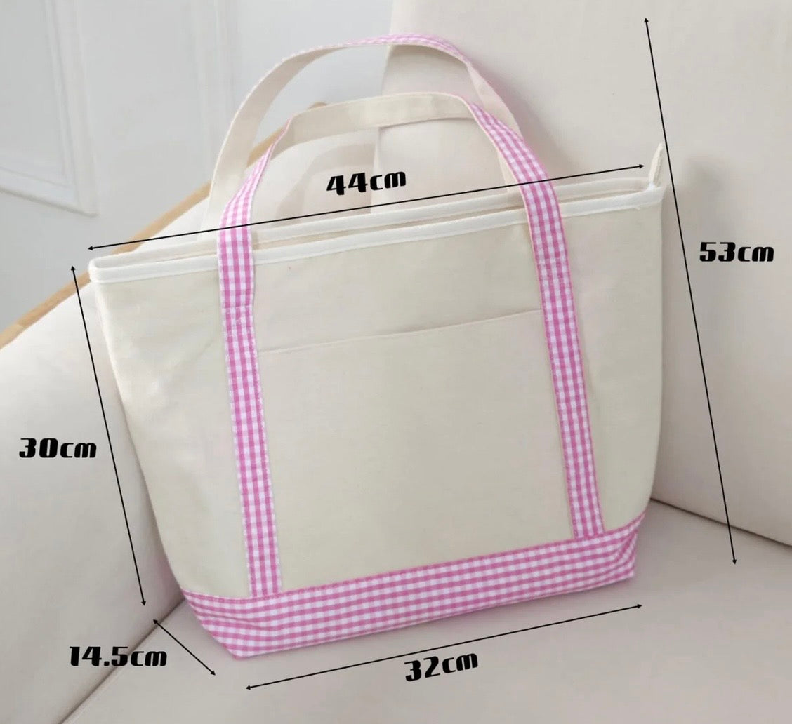 Gingham Trim Canvas Tote