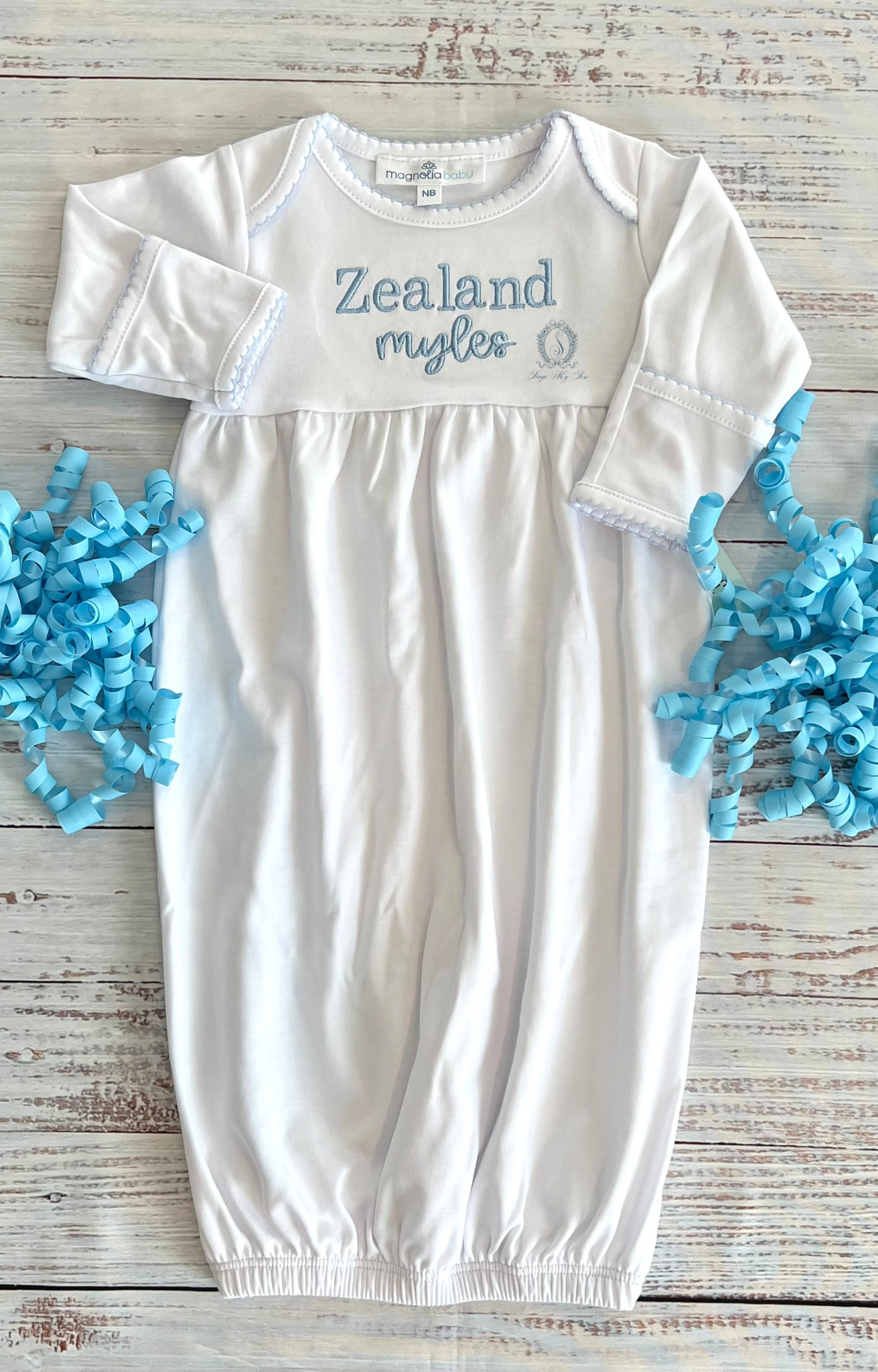 Picot Trimmed Gown (White with Blue)