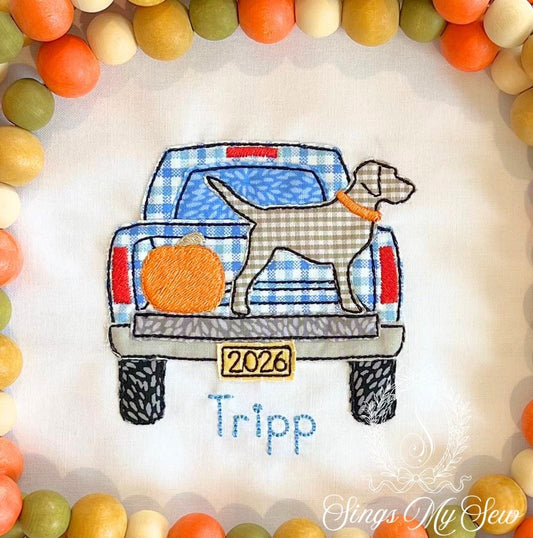 Dog in Back of Truck Applique Name Shirt
