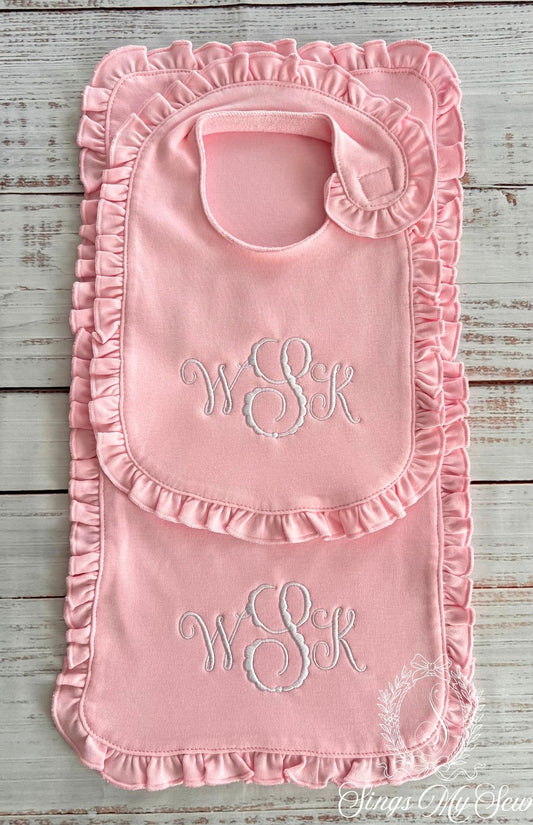 Ruffle Bib & Burp Cloth (Pink)