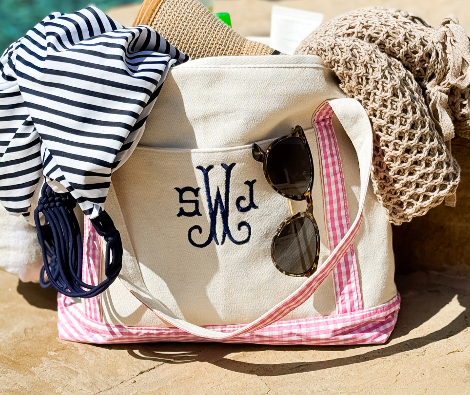 Gingham Trim Canvas Tote