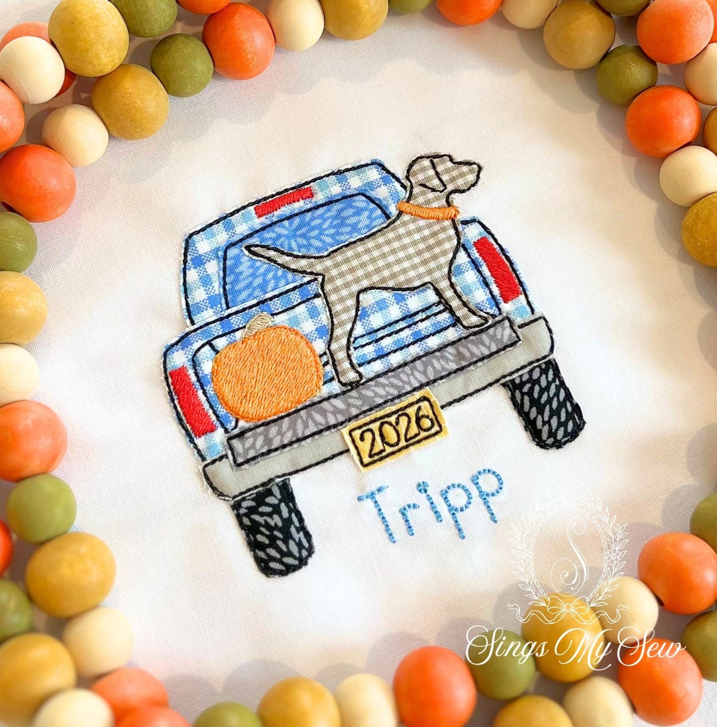 Dog in Back of Truck Applique Name Shirt
